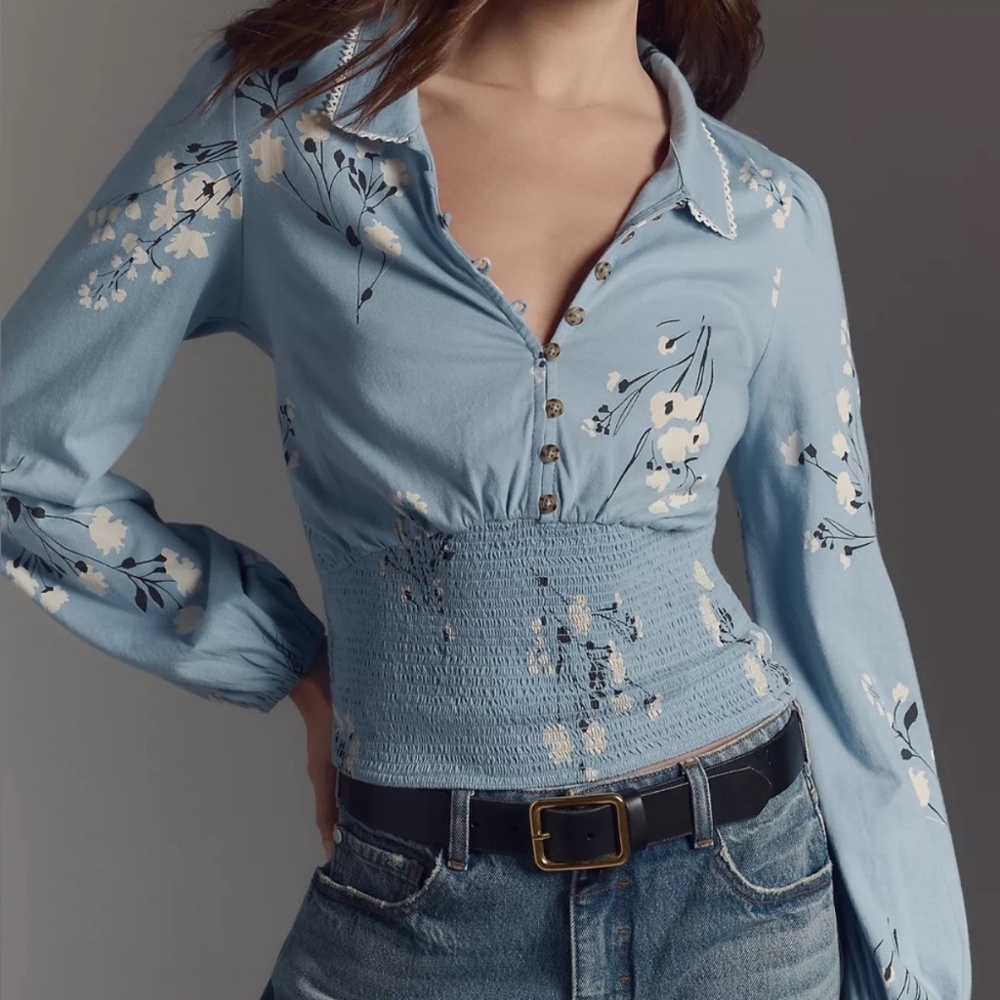Anthropologie Maeve Blue and White Floral Smocked Button-down Top NWT